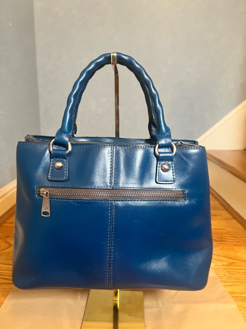 Patricia Nash Dorothy Leather Satchel Braided Trim and Crossbody Strap- Navy - Picture 3 of 6